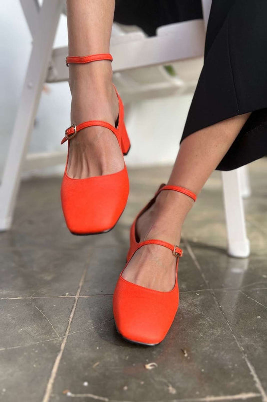 Bright Orange Square Toe Ankle Strap Flats