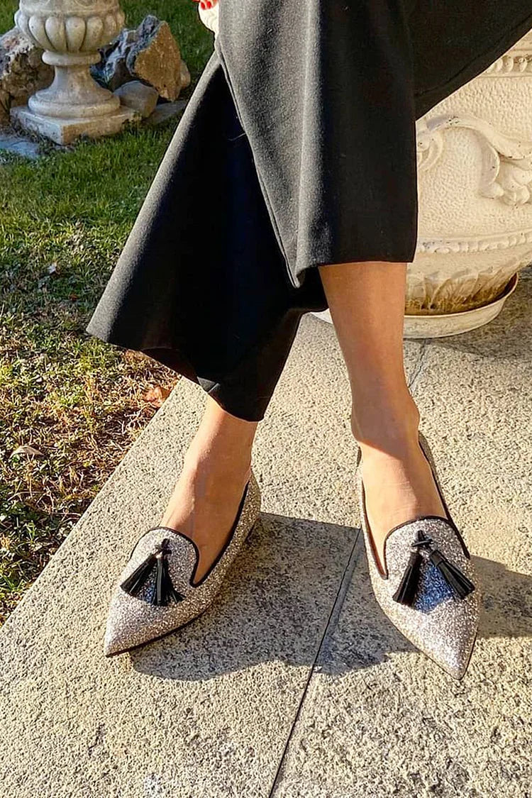 Glitter Colorblock Tassels Trim Pointy Toe Slip On Flats