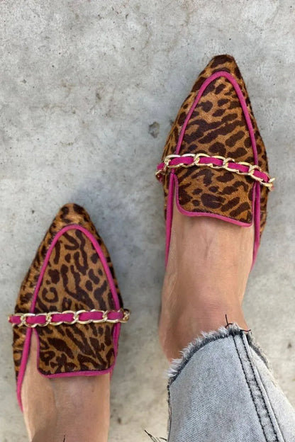 Faux Leather Leopard Chain Trim Pointy Flats