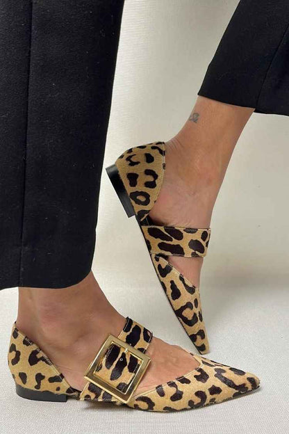 Leopard Print Buckle Strap Pointy Flats