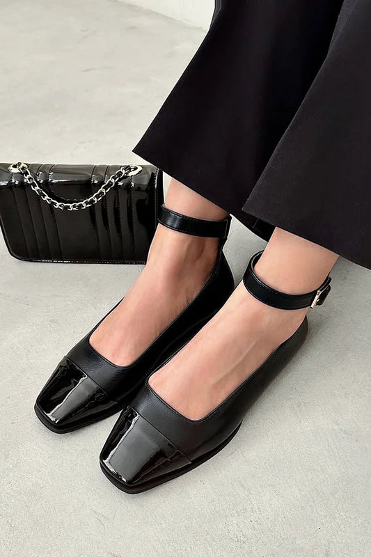 Ankle Strap Buckle Patchwork Square Toe Black Flats