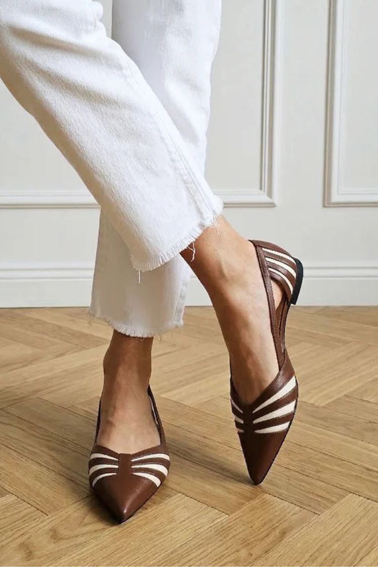 Vintage Brown Contrast Striped Pointed Toe Flats