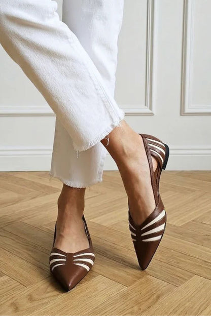 Vintage Brown Contrast Striped Pointed Toe Flats