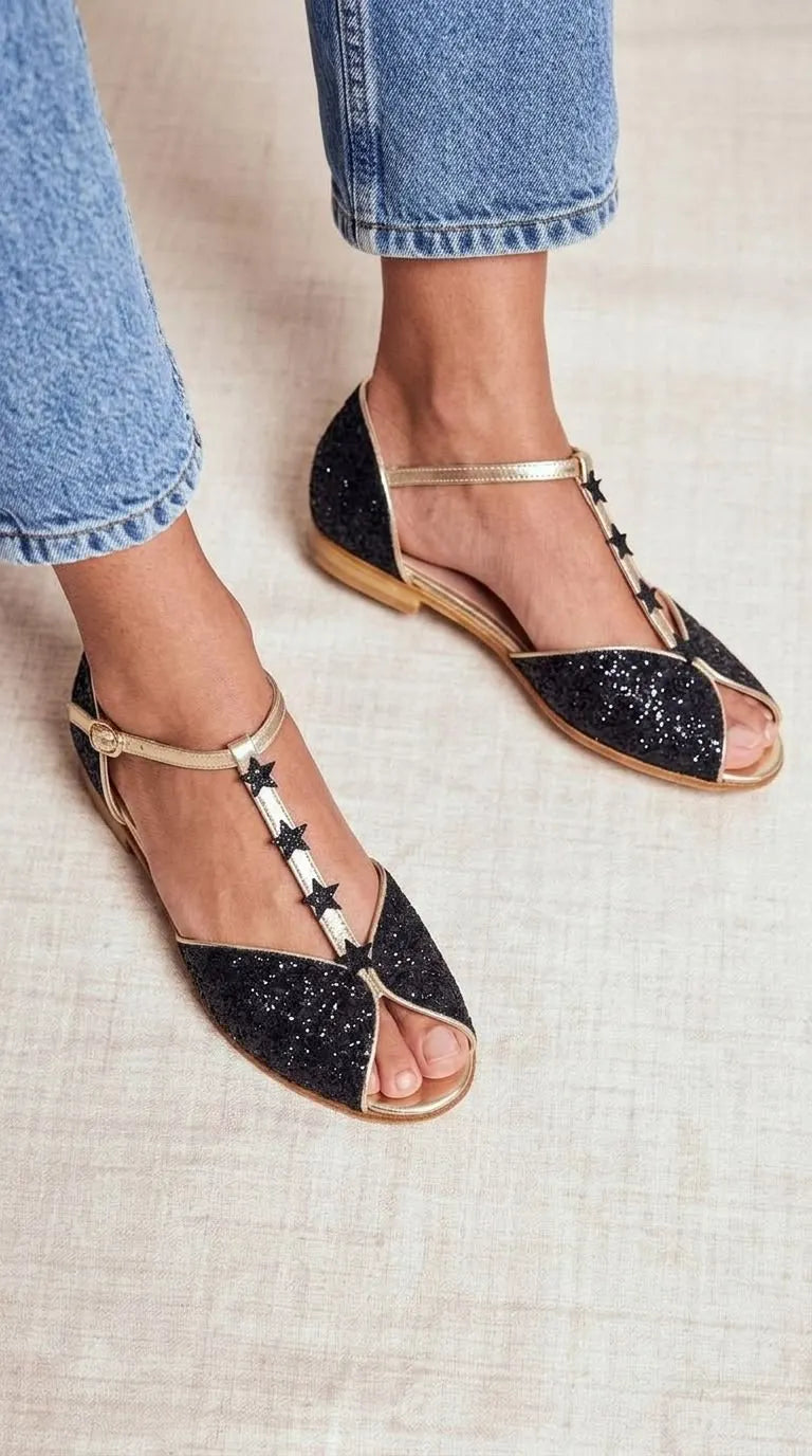 Star Detail Peep Toe T-Strap Black Glitter Flats