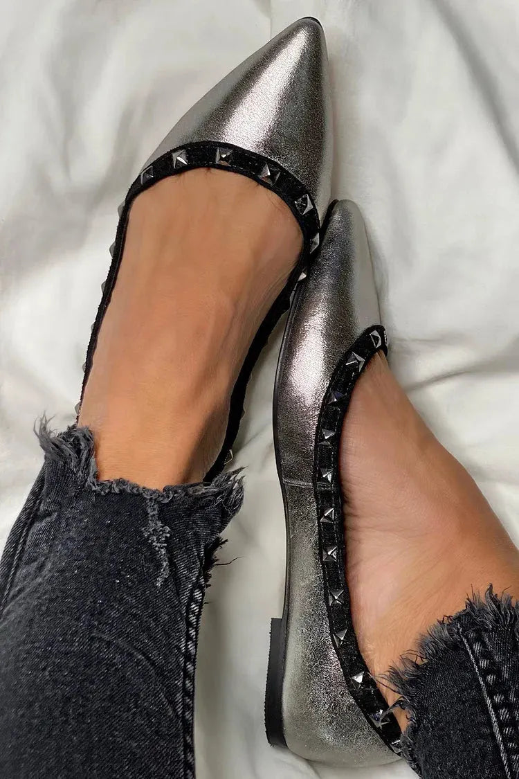 Metal Rivets Decor Pointed Toe Metallic Sheen Silver Flats
