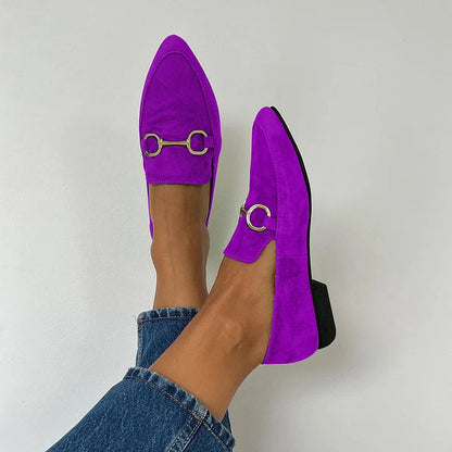 Luxury Metallic Buckle Pointy Toe Faux Suede Slip-on Flats