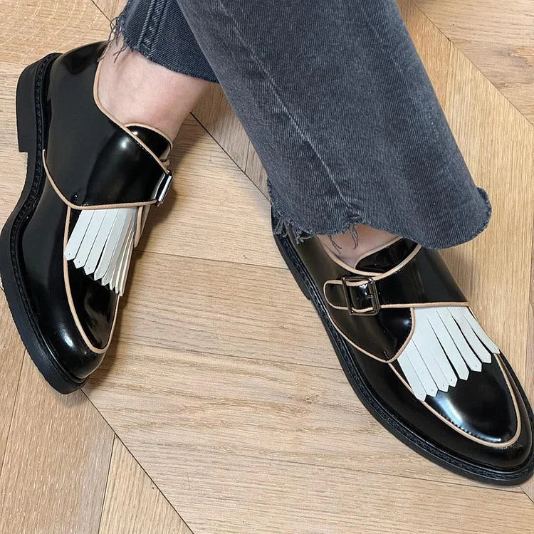Contrast Color Fringed Trim Pointed Toe Black Oxfords