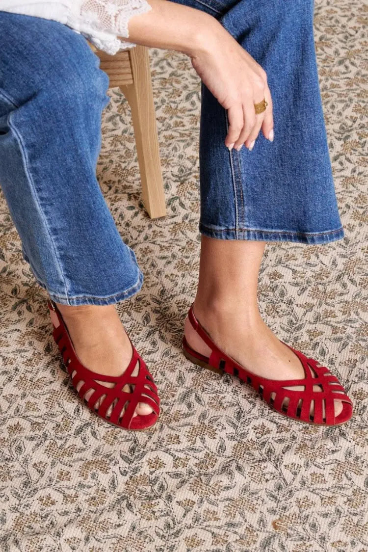 Strappy Cutout Peep Toe Slingback Red Suede Flats