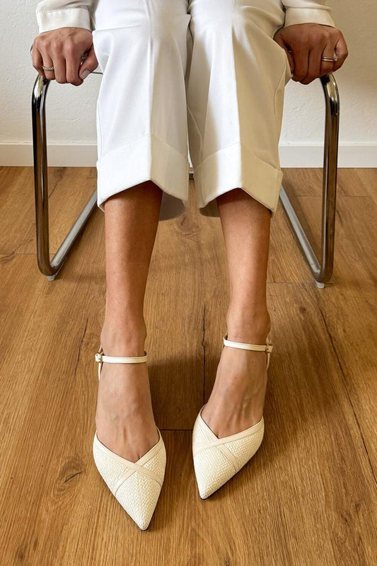 Ankle Strap Buckle Solid Color Pointed Toe Ivory Flats