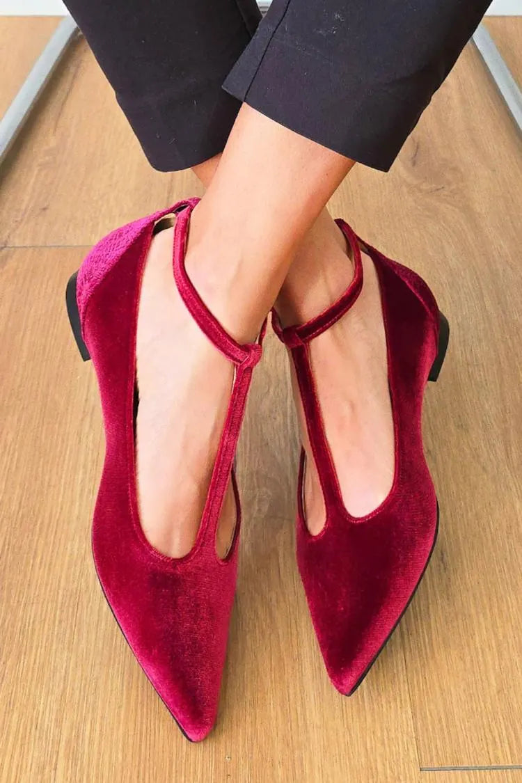 Patchwork T-Shaped Ankle Strap Pointy Toe Buckle Burgundy Flats
