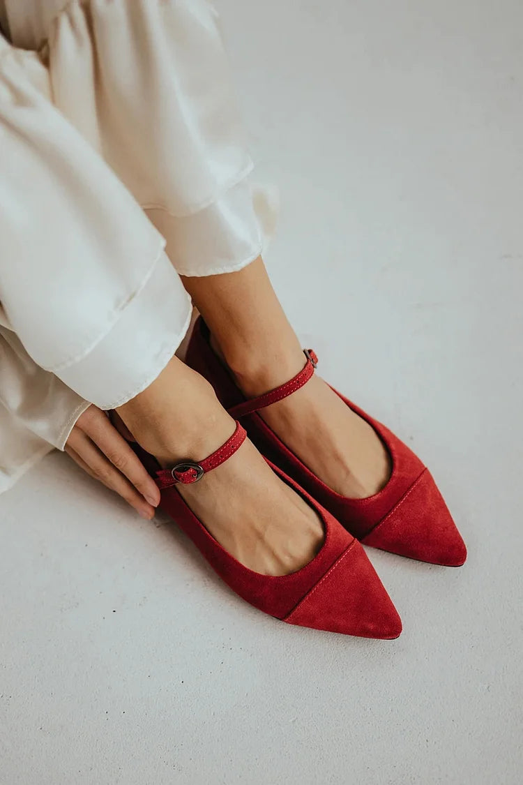 Patchwork Instep Strap Buckle Pointed Toe Red Flats