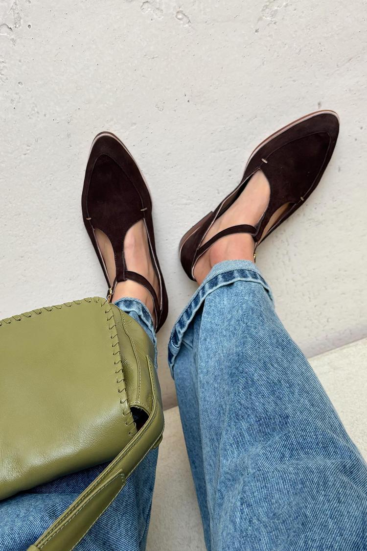 Solid Color T-Strap Buckle Pointed Toe Dark Brown Flats