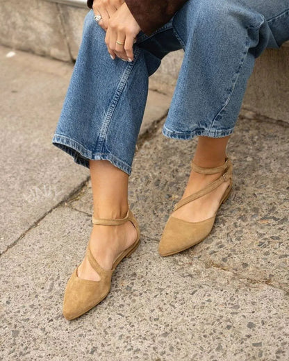 Elegant Beige Suede Pointed Toe Buckled Ankle Strap Flats