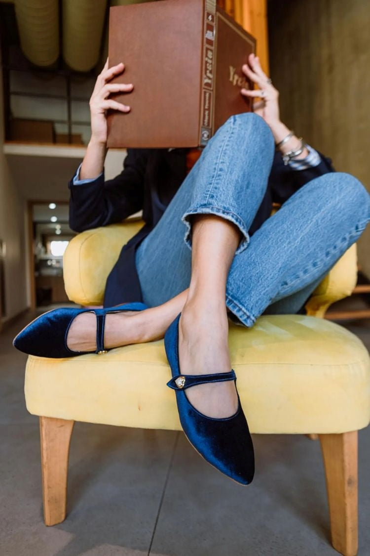 Blue Pointed Toe Velvet Metal Buckle Elegant Versatile Flats
