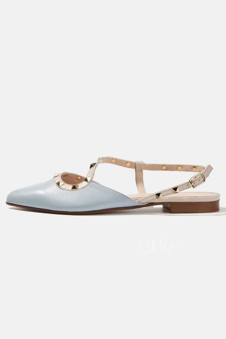 Light Blue Leather Pointed Toe Studded Slingback Flats
