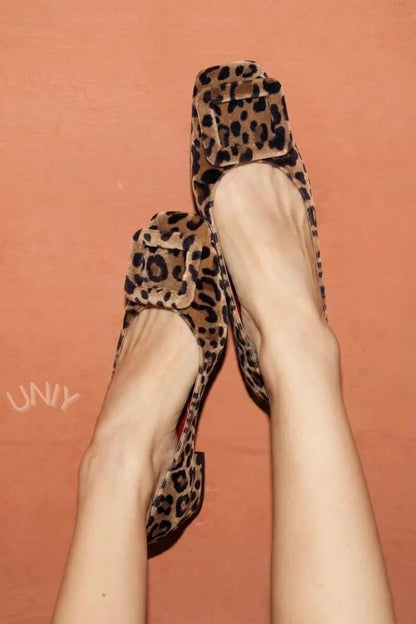 Velvet Square Buckle Soft Square Toe Flats