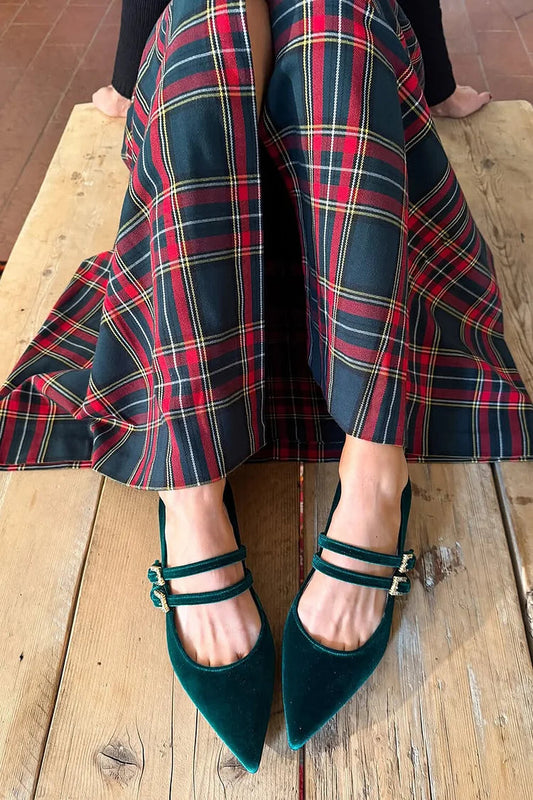 Two Straps Buckles Pointed Toe Velvet Dark Green Flats
