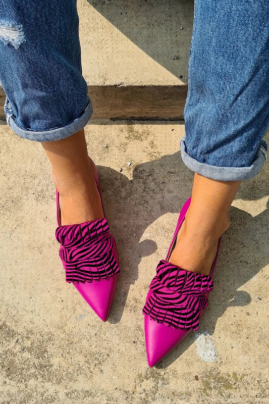 Zebra Print Fringe Decor Pointed Toe Fuchsia Flats