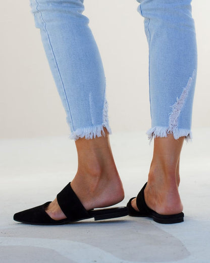 Black Suede Patchwork Casual Pointed Toe Mule Flats