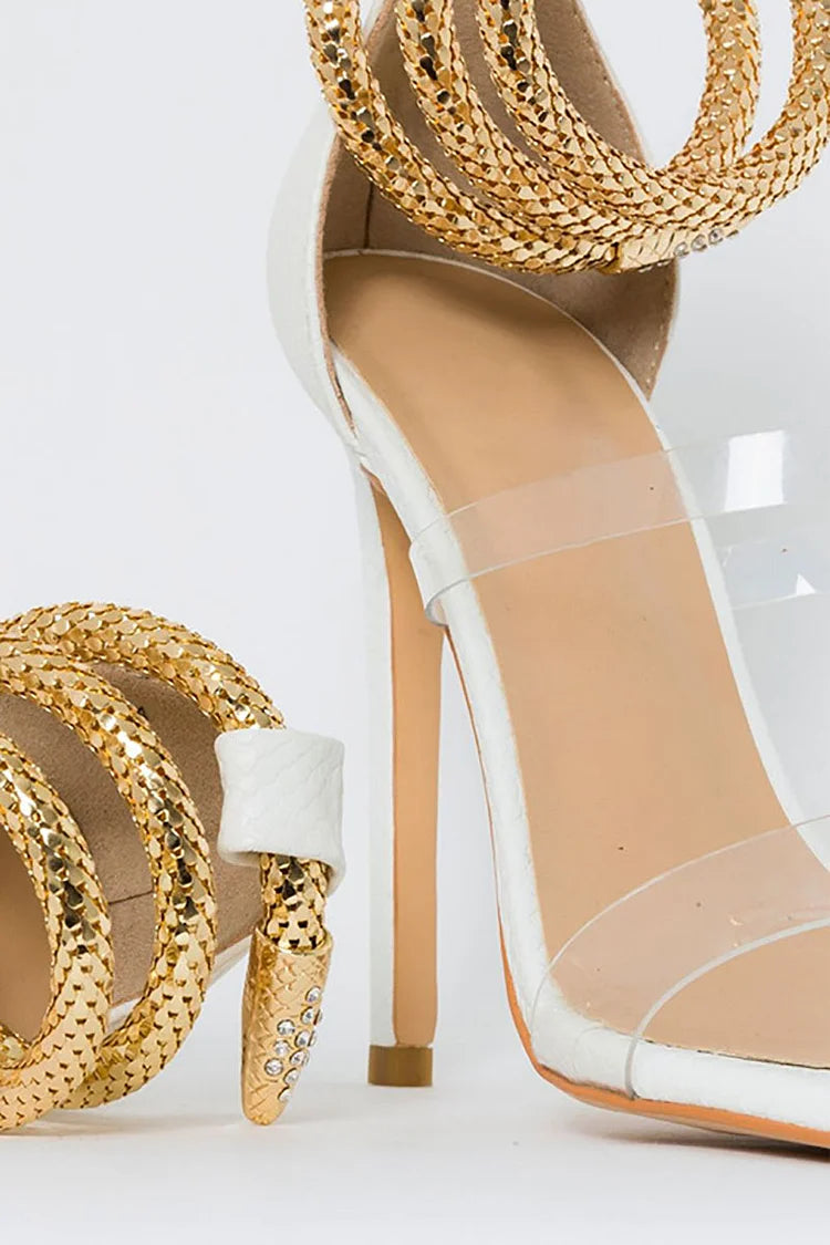 Light Gold Snake Ankle Transparent Strap Stiletto Sandals