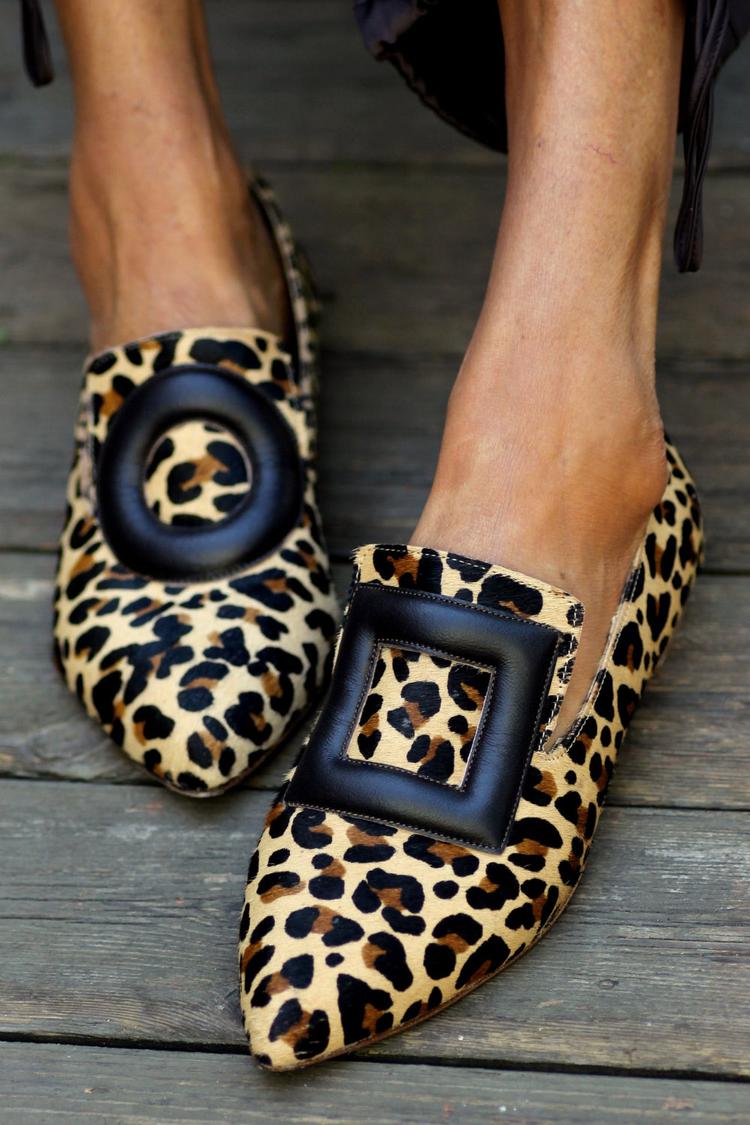 Leopard Print Square Circle Embellishment Pointy Toe Brown Flats