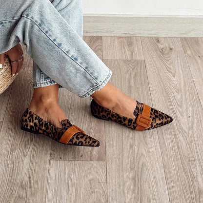 Leopard Print Strap Buckle Decor Pointed Toe Brown Flats