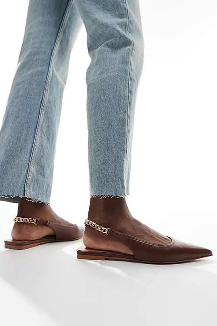 Alloy Chain Slingback Strap Pointed Toe Solid Color Brown Flats