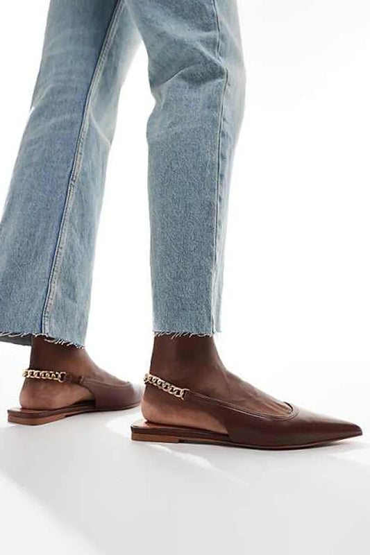 Alloy Chain Slingback Strap Pointed Toe Solid Color Brown Flats
