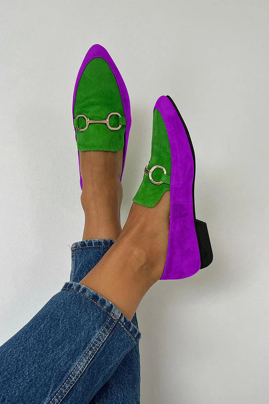 Color Block Slip-on Buckle Pointy Toe Metal Flats