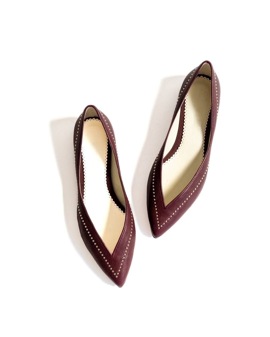 Burgundy V-Cut Studded Detail Pointed Toe Slip-On Flats