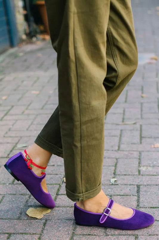 Contrast Binding Seam Instep Strap Buckle Round Toe Purple Flats