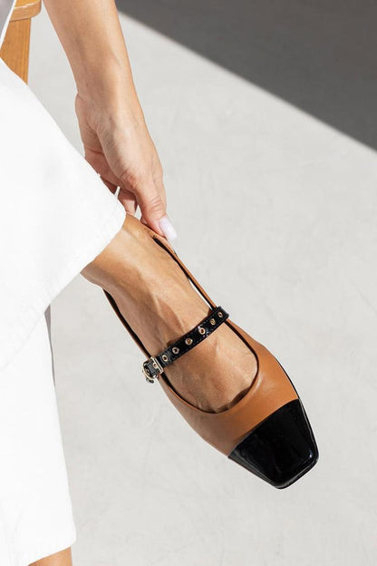 Instep Strap Buckle Colorblock Square Toe Brown Flats