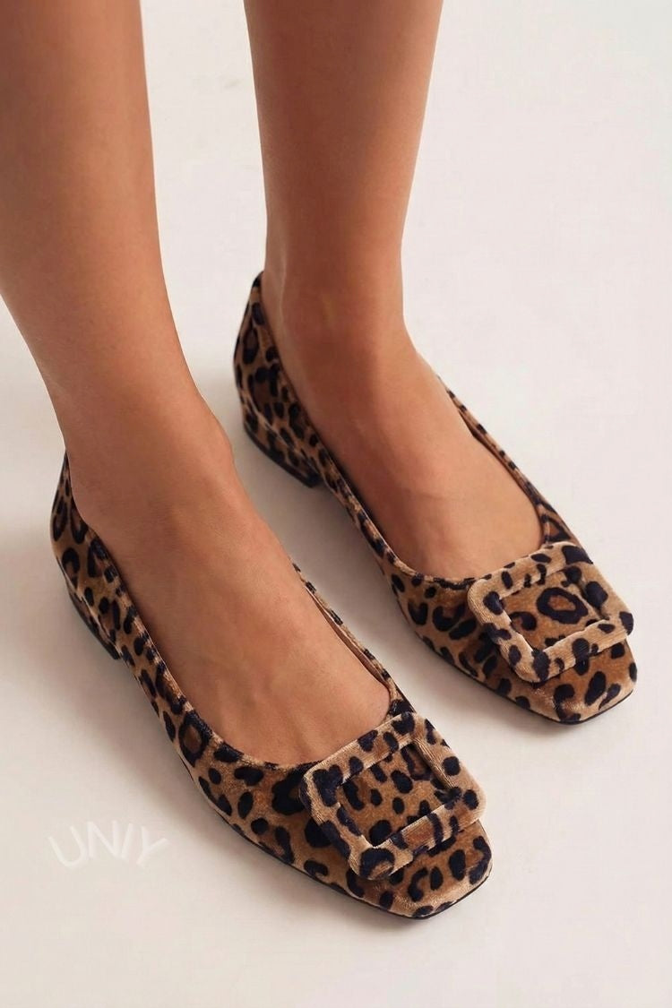 Velvet Square Buckle Soft Square Toe Flats