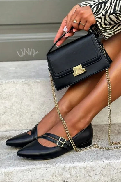 Chic Black Double Strap Buckle Pointed Toe Mary Jane Flats