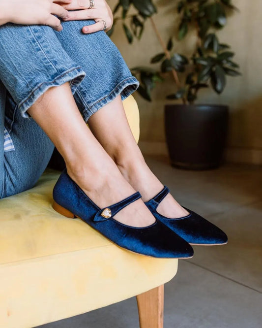 Elegant Blue Velvet Pointed Toe Heart Detail Mary Jane Flats