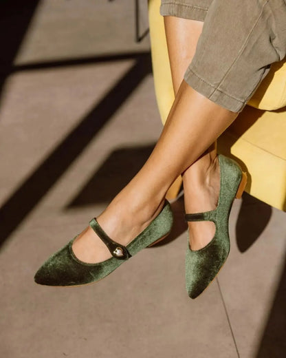 Olive Green Velvet Pointed Toe Heart Detail Mary Jane Flats