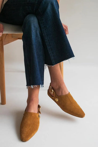 Solid Color Pointed Toe Slingback Strap Buckle Camel Flats