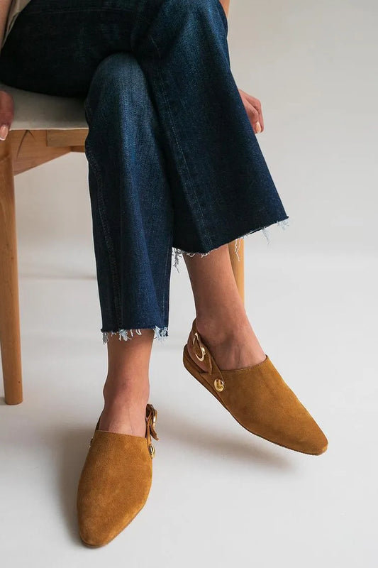 Solid Color Pointed Toe Slingback Strap Buckle Camel Flats