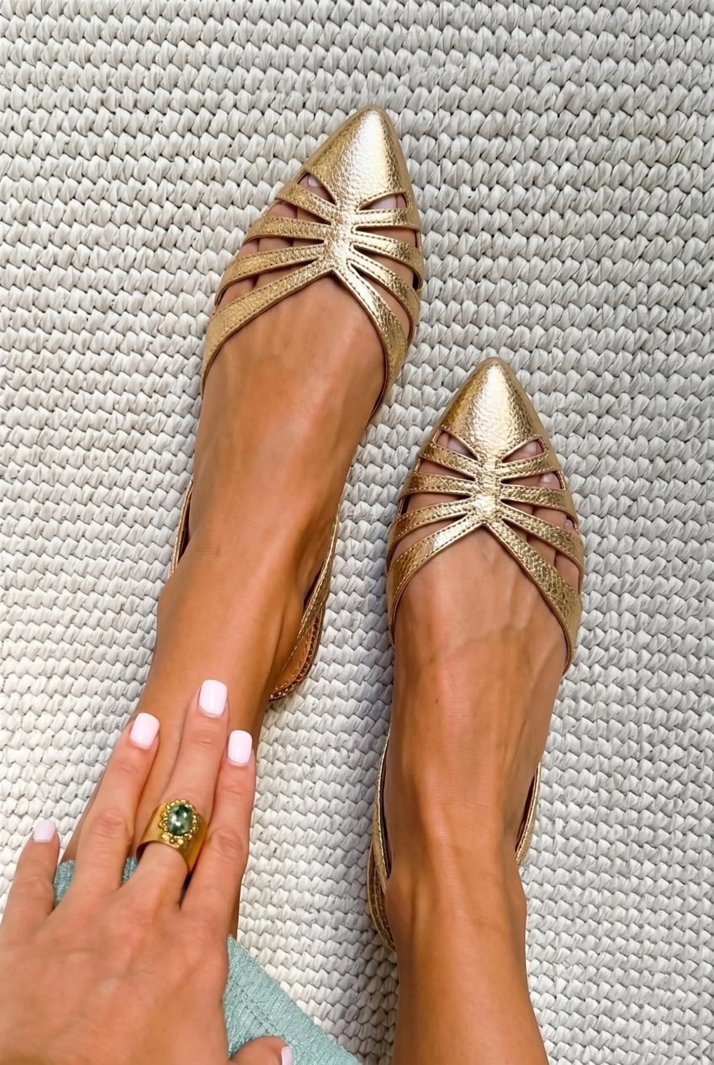 Metallic Gold Cutout Pointed Toe Slingback Flats