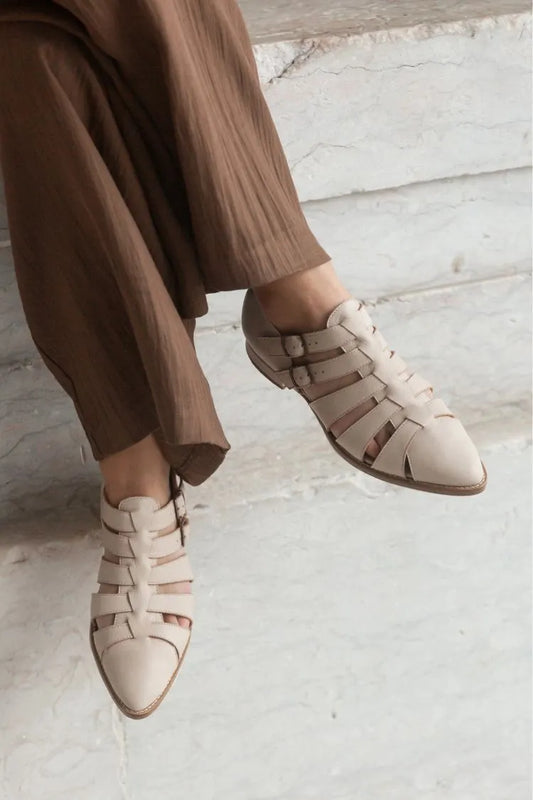 Beige Pointed Toe Strappy Cut-Out Double Buckle Flats