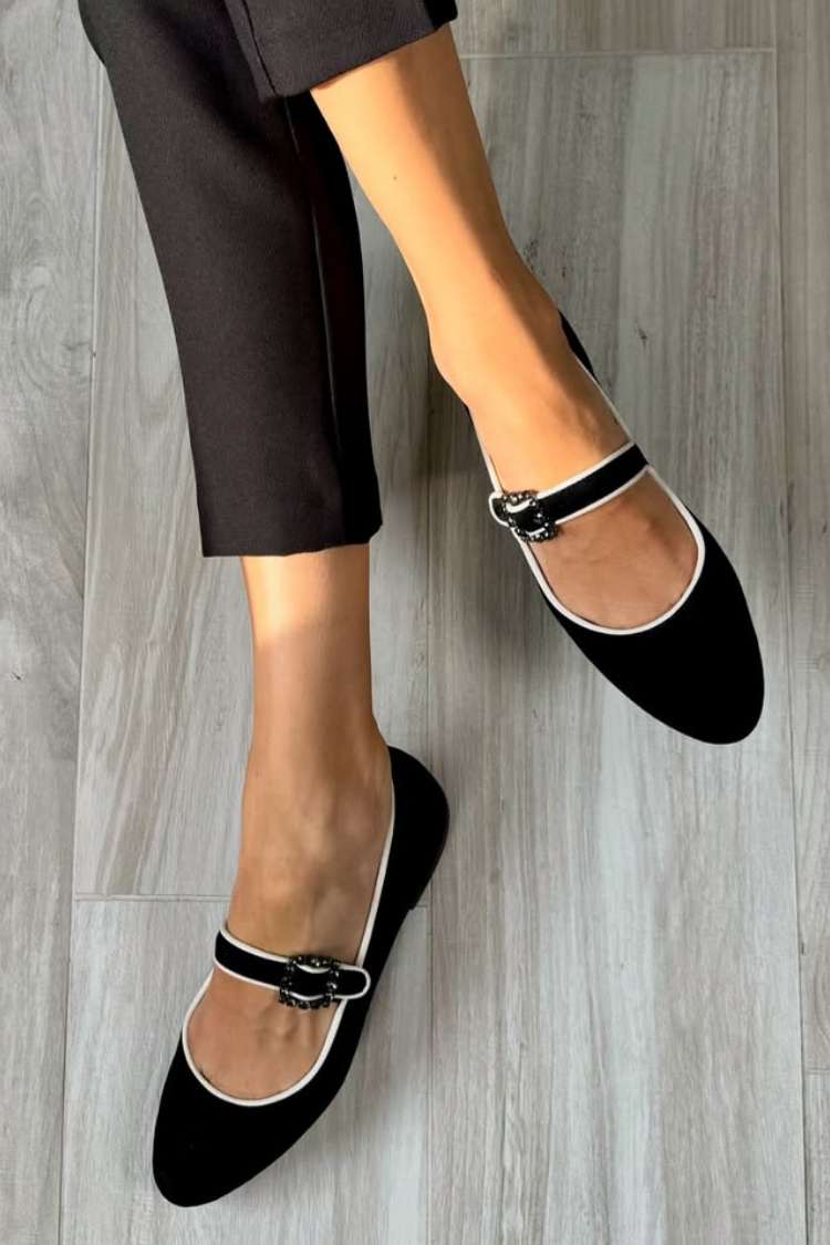 Suede Contrast Trim Buckle Mary Jane Flats