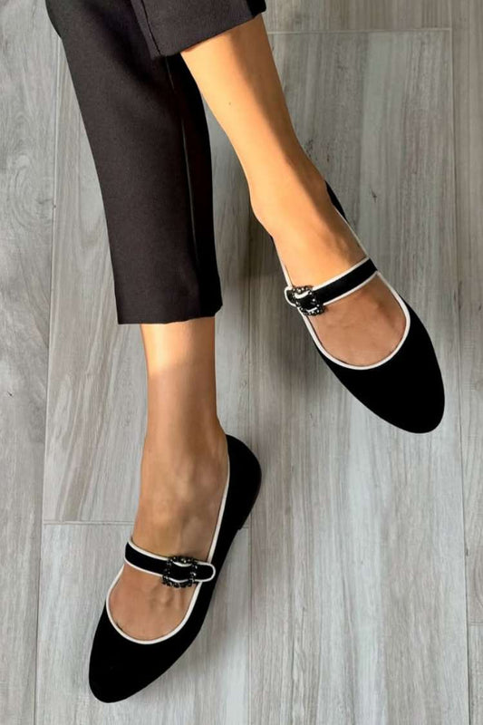 Suede Contrast Trim Buckle Mary Jane Flats