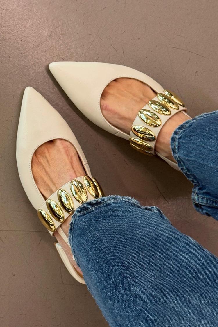 Metal Decor Pointed Toe Slingback Beige Flats