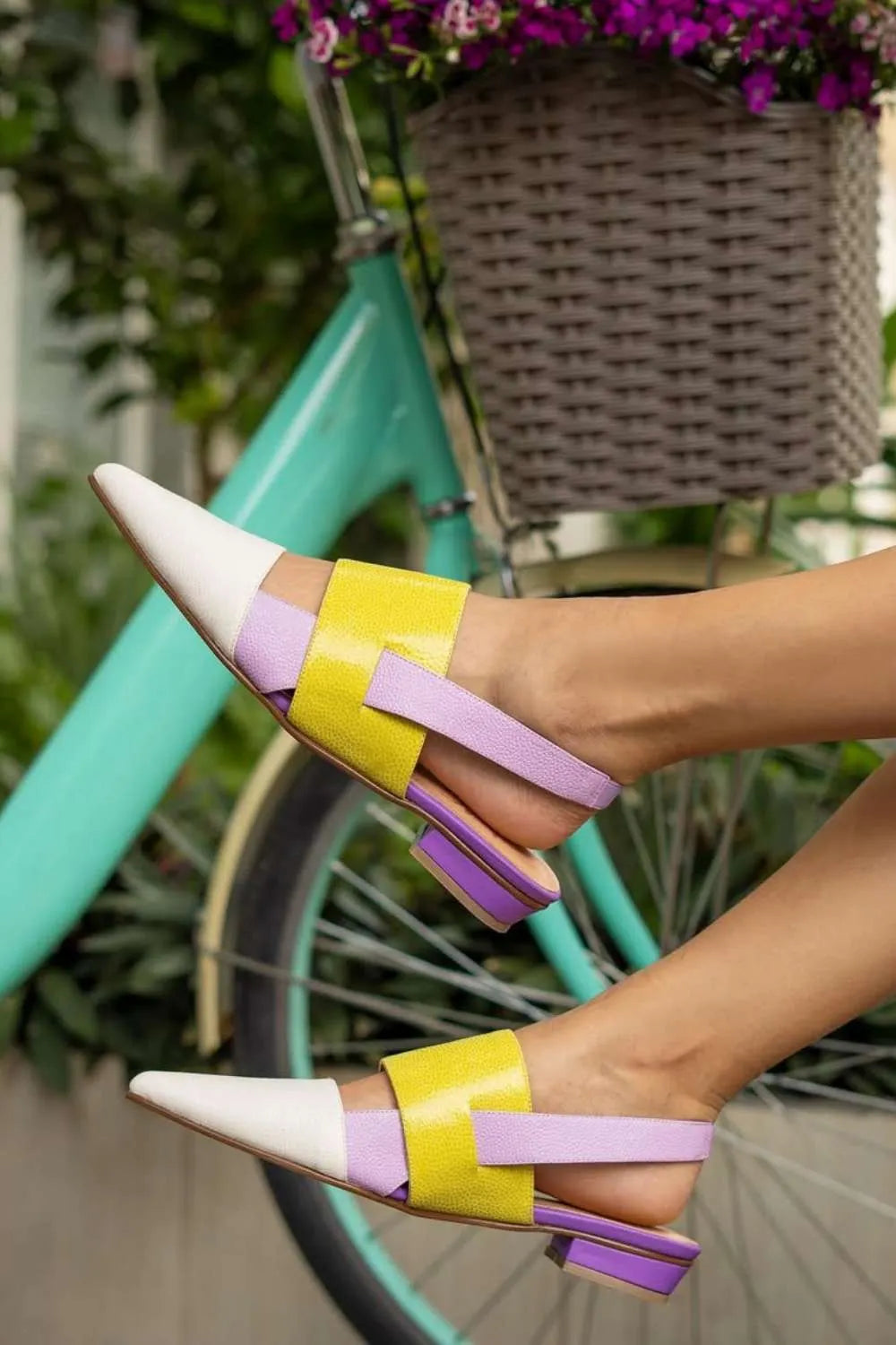 Colorblock Yellow Lavender Square Heel Pointed Flats