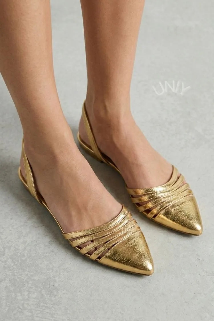Metallic Gold Pointed Toe Multi Strap Slingback Flats