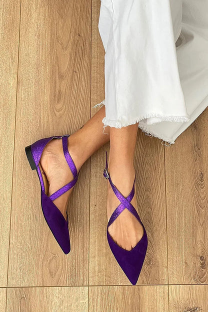 Matte Finish Pointed Toe Glitter Cross Strap Flats