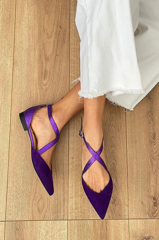 Matte Finish Pointed Toe Glitter Cross Strap Flats