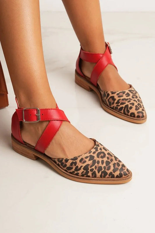 Cross Strap Buckle Leopard Print Pointed Toe Flats