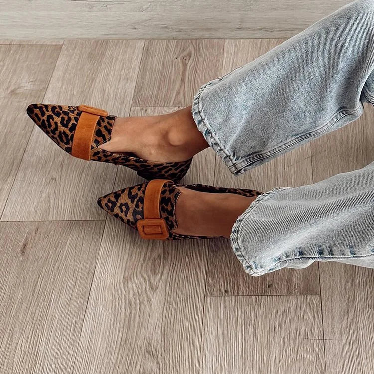 Leopard Print Strap Buckle Decor Pointed Toe Brown Flats