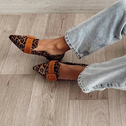 Leopard Print Strap Buckle Decor Pointed Toe Brown Flats